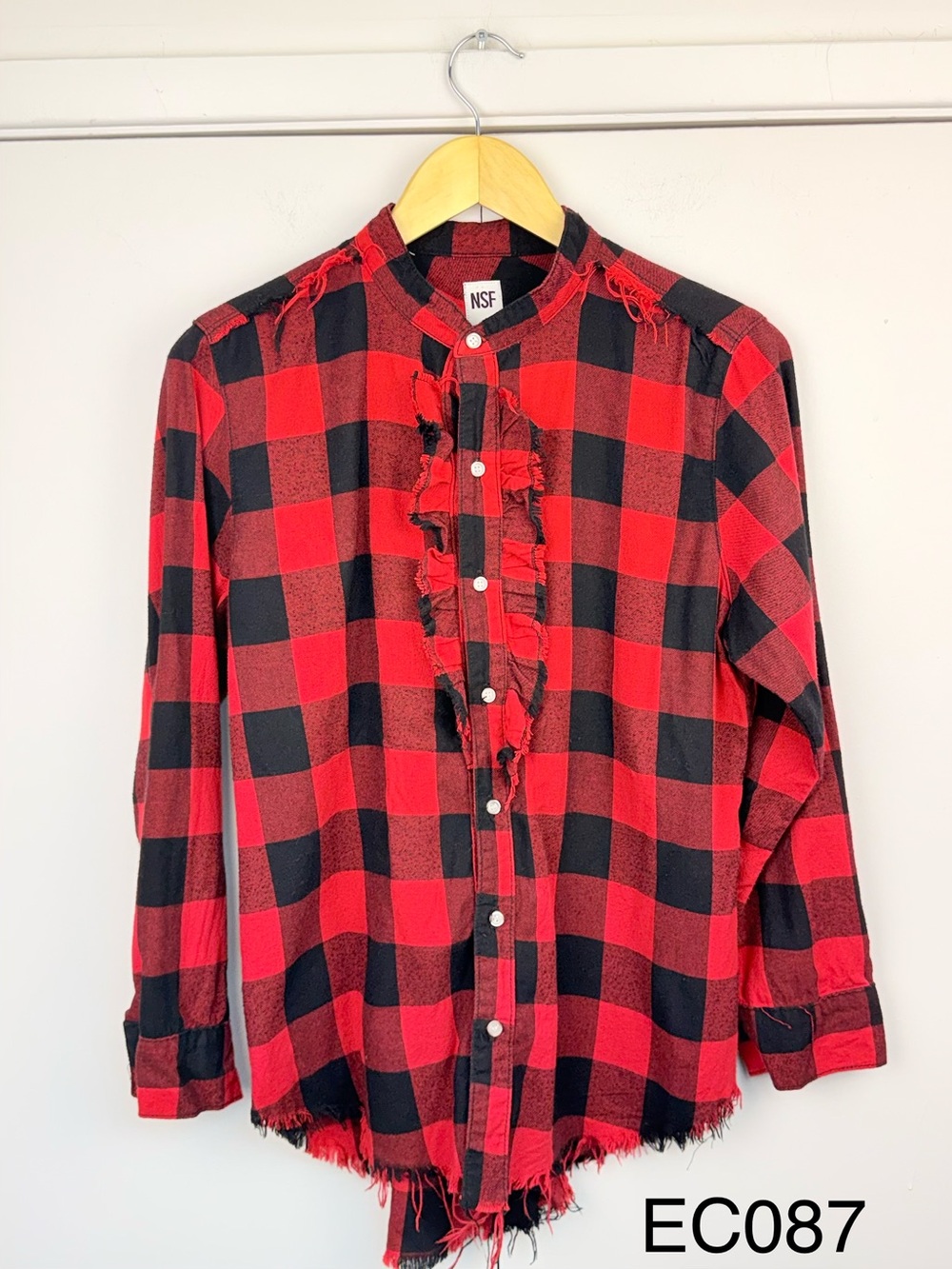 NSF Red Black Buffalo Plaid Ruffle Distressed Shirt S